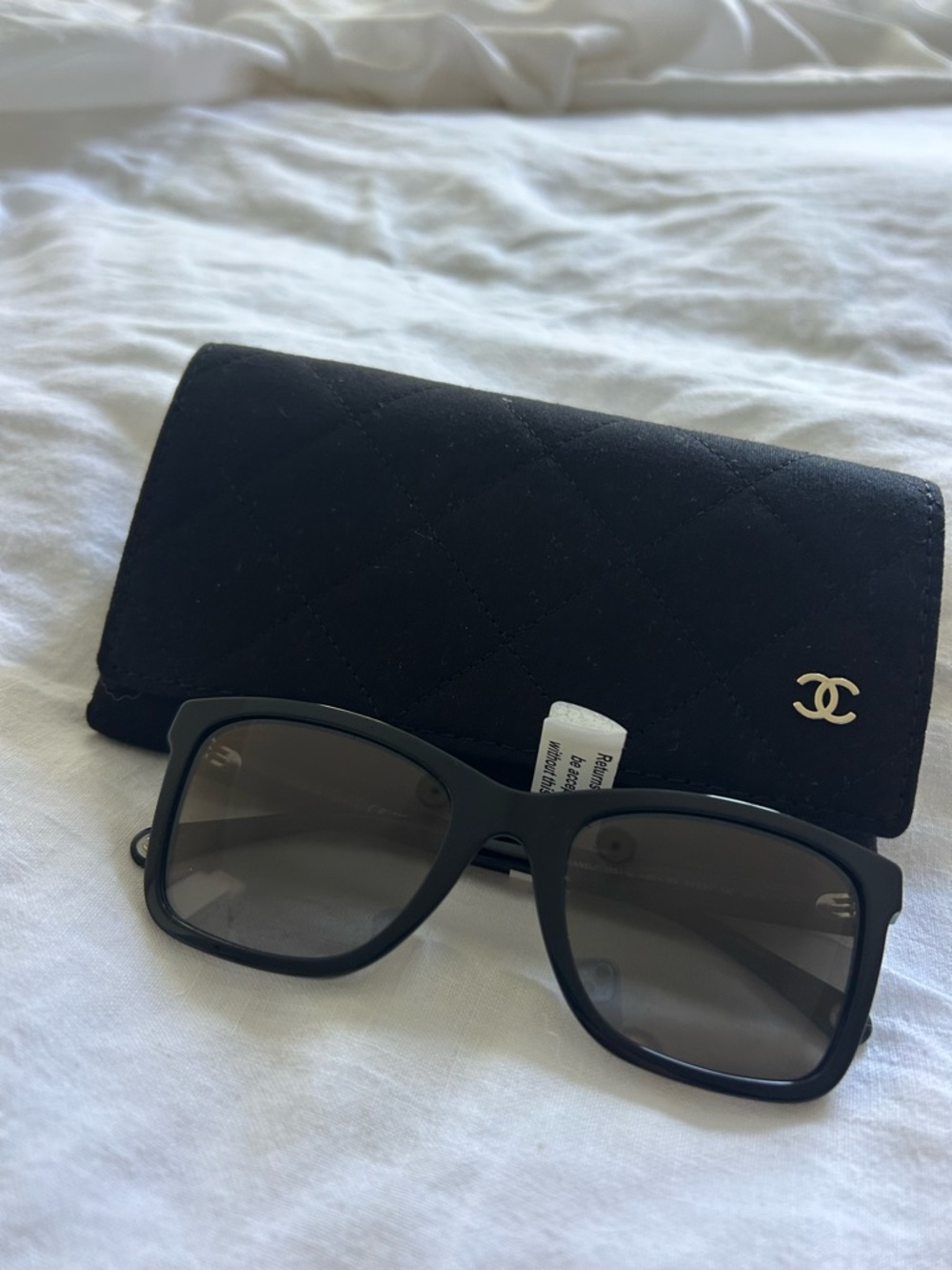 CHANEL Black Rectangle Sunglasses Classics with Quilted Logo Case